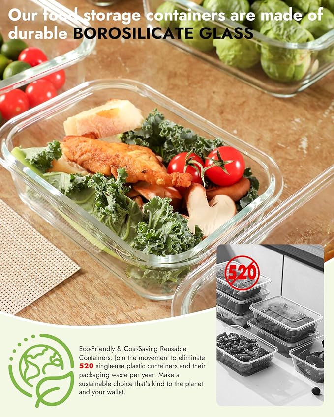 12-Pack Glass Containers with Tempered Lids – Borosilicate, Oven-Safe(-4°F~950°F), Airtight, BPA-Free, Multi-Size for Meal Prep, Dishwasher Safe (Gray)