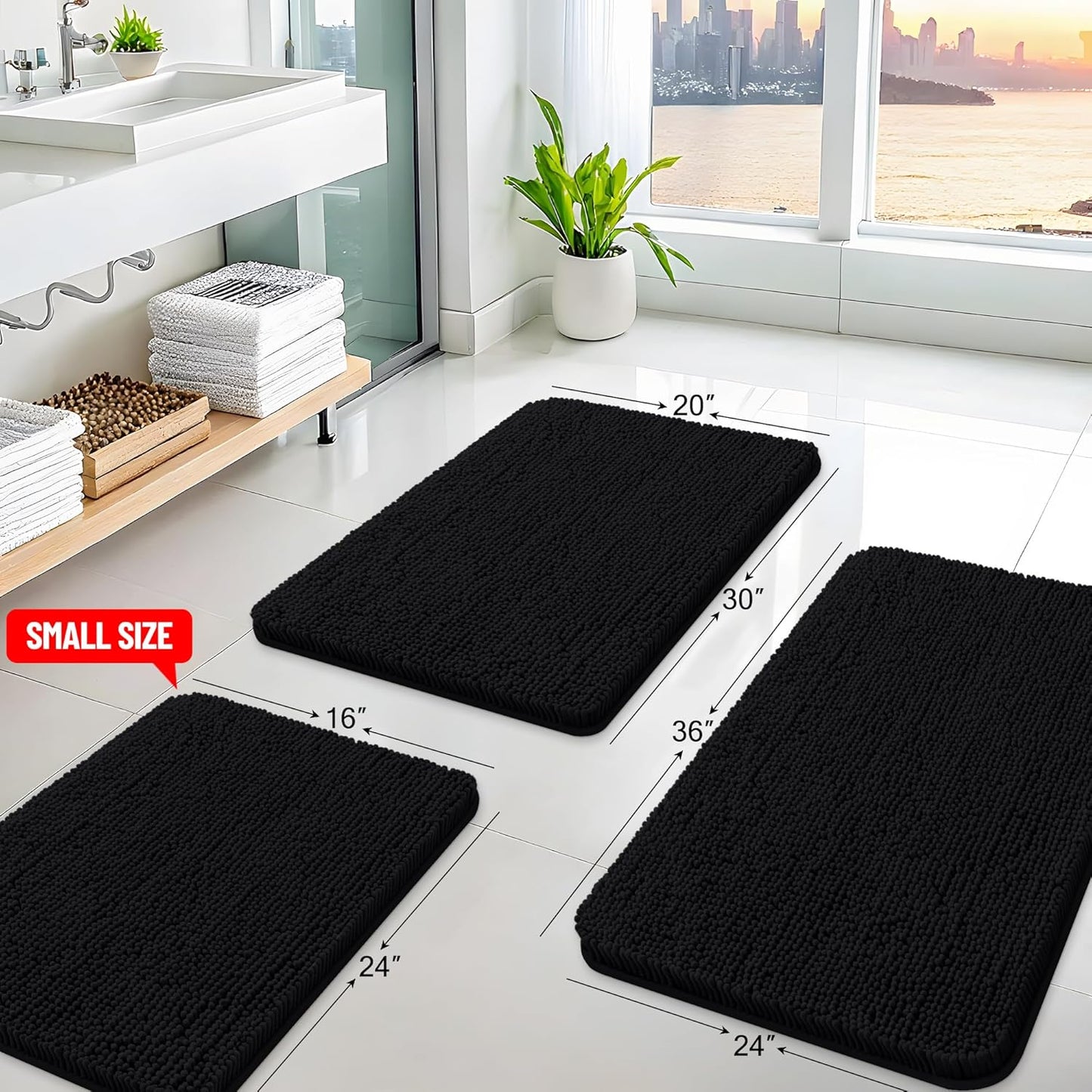 Arotive Bathroom Rugs 40x32, Extra Soft Absorbent Shaggy Chenille Bath Rugs, Machine Washable Rubber Backing Non-Slip Bath Mats for Bathroom Floor Tub and Shower, Home Decor Accessories, Black