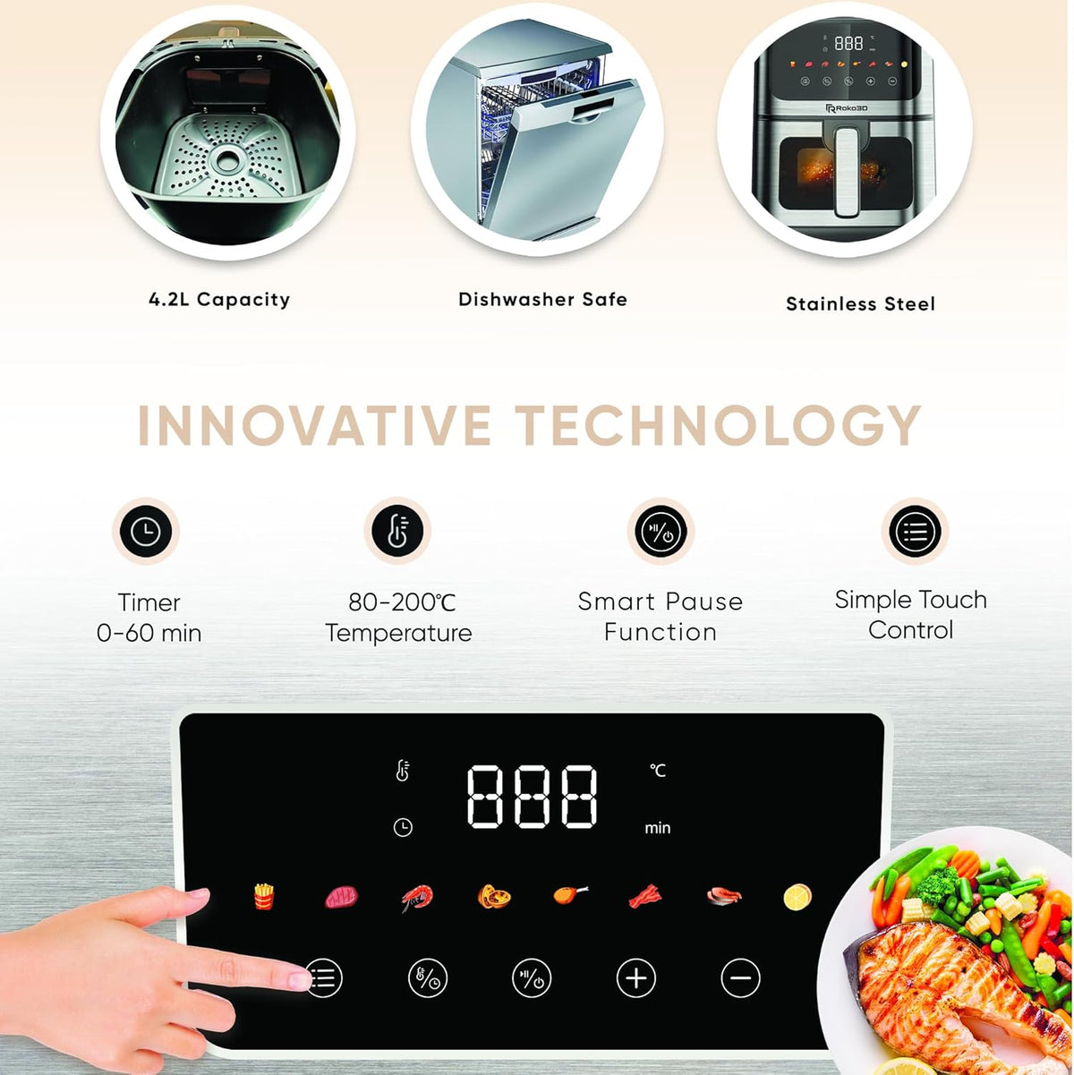 Stainless Steel Air Fryer ROKO 3D with Visible Window - 5Qt Capacity for 3-5 Persons | 18 in 1 - Fry, Bake, Toast, Broil, Reheat without Oil - 1400W, Dishwasher Safe, Luxury Black and Silver