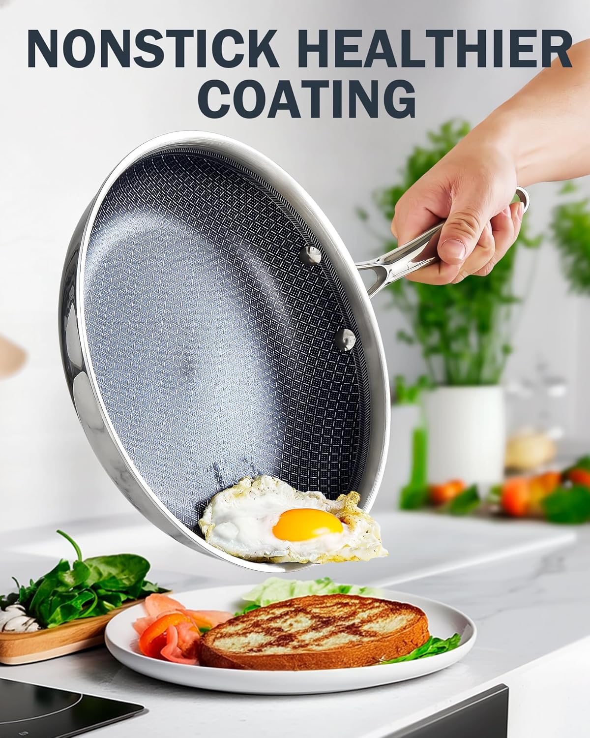 Cooks Standard Hybrid Nonstick Frying Pan, 8-Inch Skillet, Multi-Ply Clad Stainless Steel Fry Pan with Tempered Glass Lids, Oven Safe, Compatible with All Stovetops