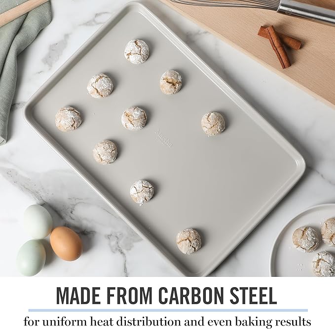 Martha Stewart Gallen 15 x 10 Inch Nonstick Carbon Steel Cookie Sheet – Cool Grey, Durable Bakeware for Even Baking and Easy Cleanup
