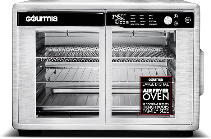 Gourmia French Door Air Fryer Oven - 37 Qt Large Capacity Convection Toaster Oven, FryForce 360°, Digital Display, 12 Cooking Presets, Dehydrate, Fits 13” Pizza, Dishwasher-Safe, Stainless Steel