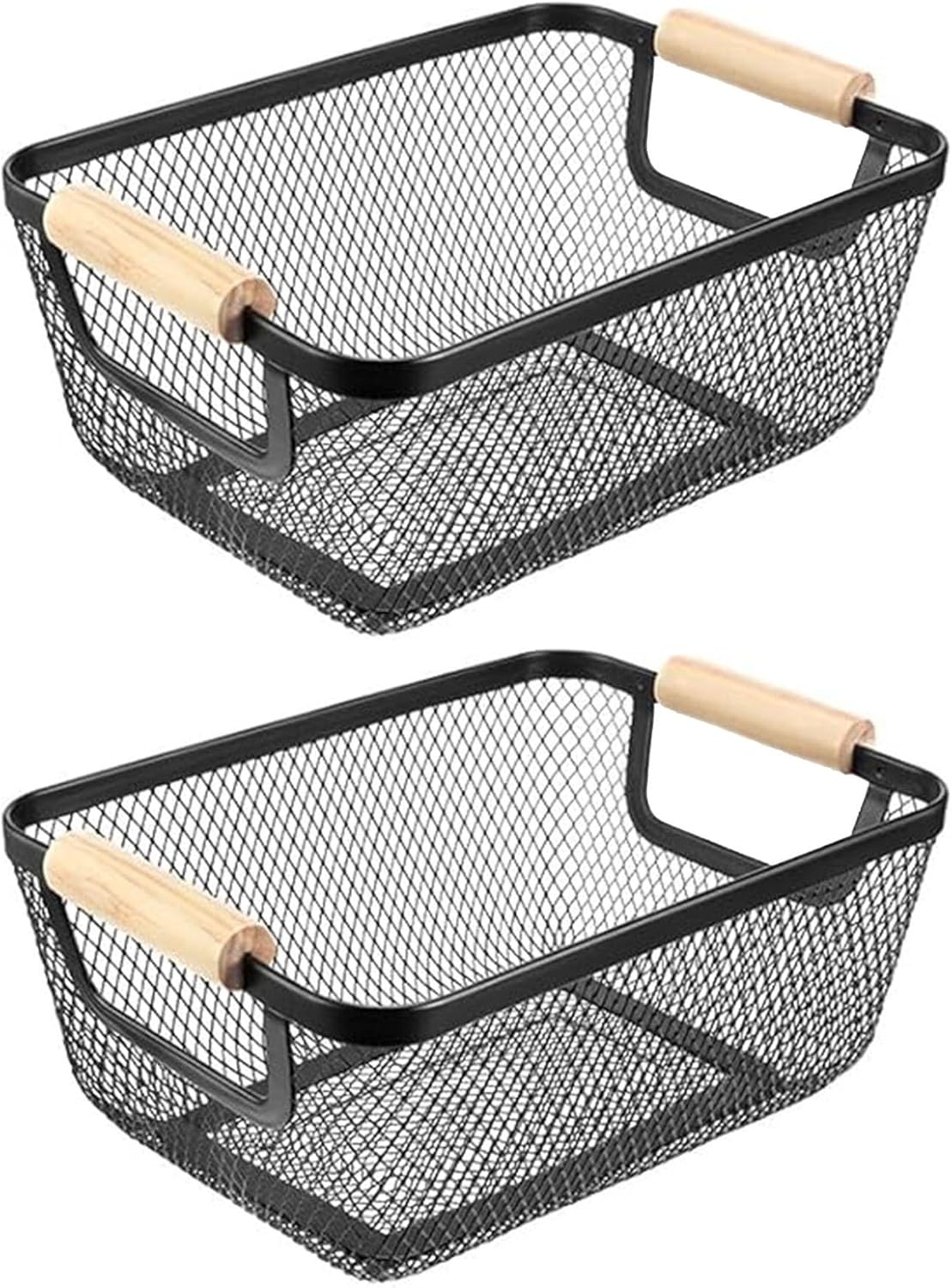 2 Pack Metal Mesh Steel Basket, Small Wire Storage Organizer Basket Multi-function Hanging Kitchen Basket Fruit Baskets with Wood Handle for Kitchen Picnic Cabinet Home Decor, Rectangle-Black