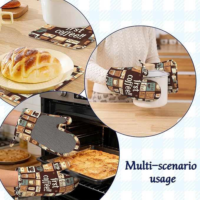 First Coffee Oven Mitts and Pot Holders Vintage Modern Art Silicone Kitchen Accessories Set of 4 Heat Resistant Non-Slip Long Gloves Potholder for Chef Cooking Baking Gifts Women Men
