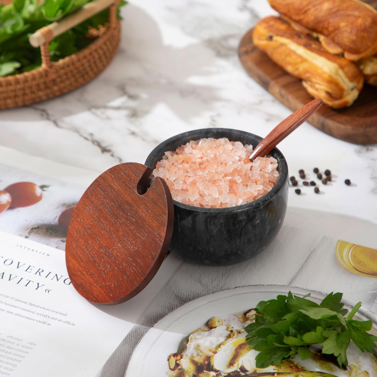 Marble Salt Cellar with Lid & Spoon, 11oz Salt and Pepper bowls, Handcrafted from Natural Marble, Smooth Inside (black bowl)