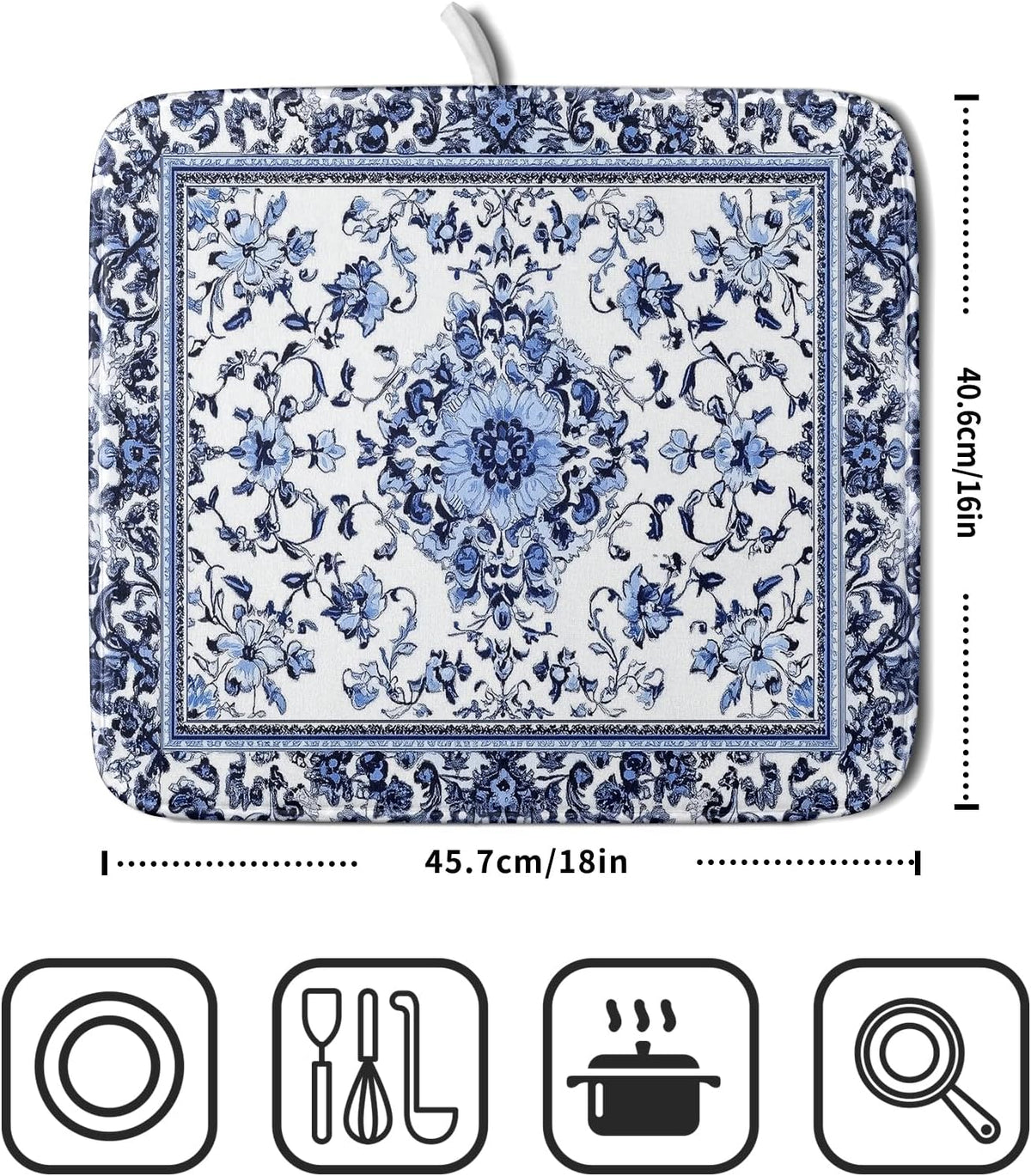 Boho Floral Dish Drying Mat 16x18 Inch Blue Leaves Kitchen Drying Pad Reversible Absorbent Dish Drainer Rack Mats Counter Tableware Decor