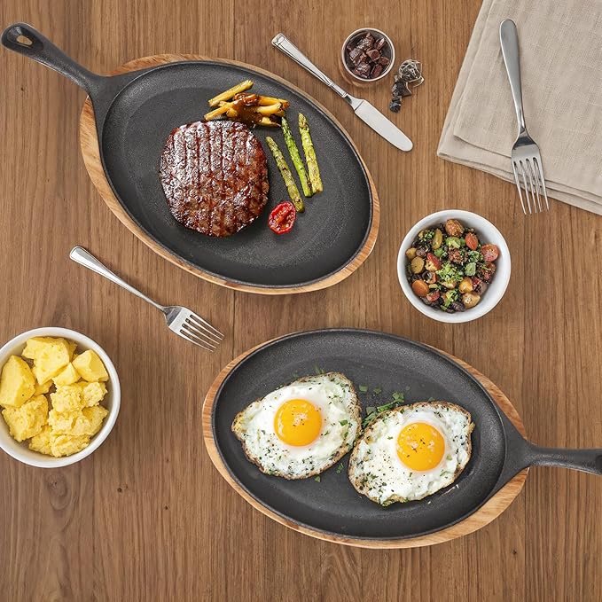 Fajita Skillet,Cast Iron Plates for Home Party Eating，Sizzler Plates With Wooden Base And Handle Cover,Cast Iron Skillet Set，Steak Plates for Home Party Eating