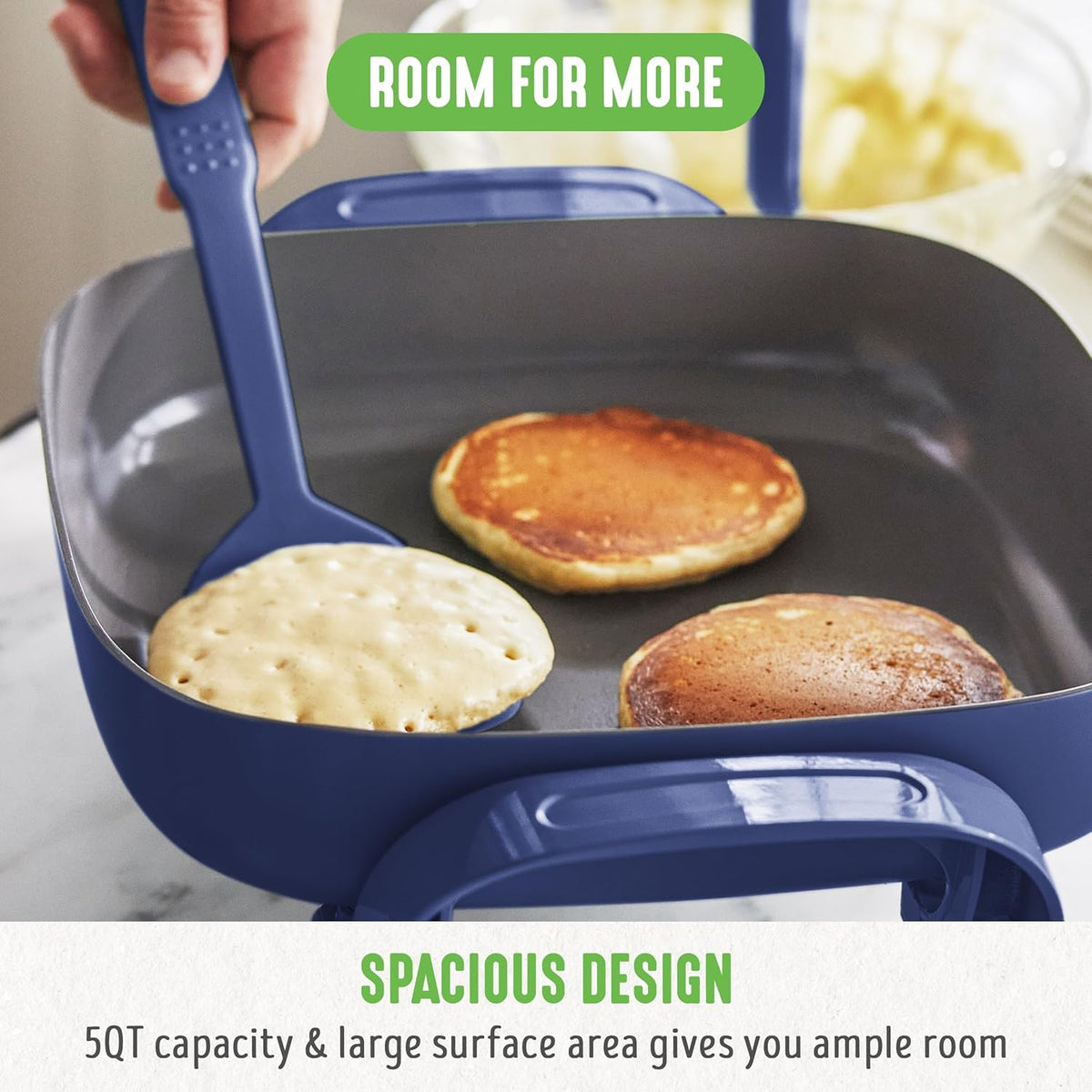 GreenLife 12" 5QT Square Electric Skillet, Glass Vented Lid, Ceramic PFAS-Free Nonstick Coated Interior, Adjustable Temperature Control, Cool Touch Handles, Quick Even Heating, Scratch Resistant, Blue