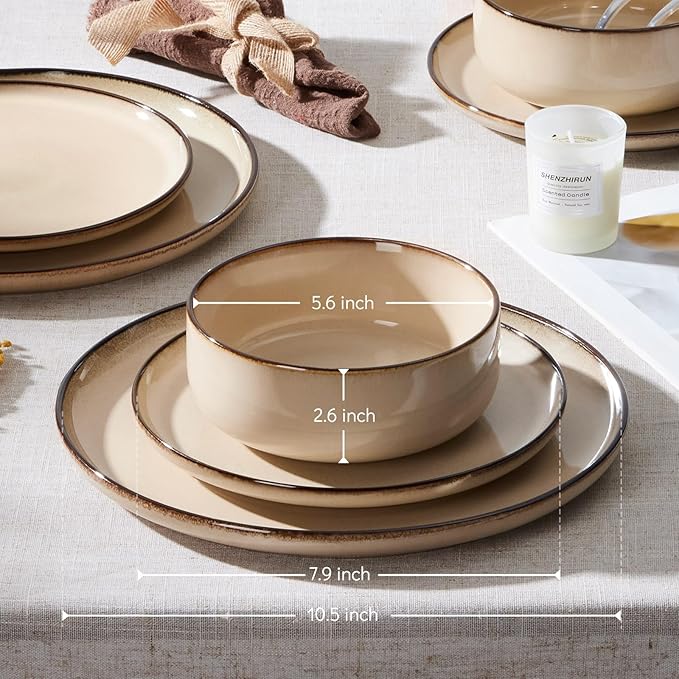 E-far 6-Piece Plates and Bowls Set, Stoneware Dinnerware Sets for 2, Reactive Glaze Ceramic Dinning Ware Dishes, Microwave & Dishwasher Safe - Sandy Beige