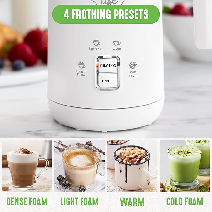 GreenLife Ceramic Electric Milk Frother, 10oz, 4-in-1, Auto Hot and Cold Foam, Dense and Light Foam, PFAS Free, Cordless Milk Warmer and Steamer for Latte, Coffee, White