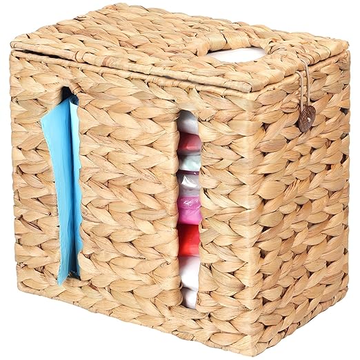 Trash Bag Dispenser with Built-in Dispenser Hinged Lid 13 up to 30 Gallon Garbage Bag Roll Holder Wall Mount Water Hyacinth for Grocery and Plastic Bags Kitchen Under Sink Cabinet (Natural 2)