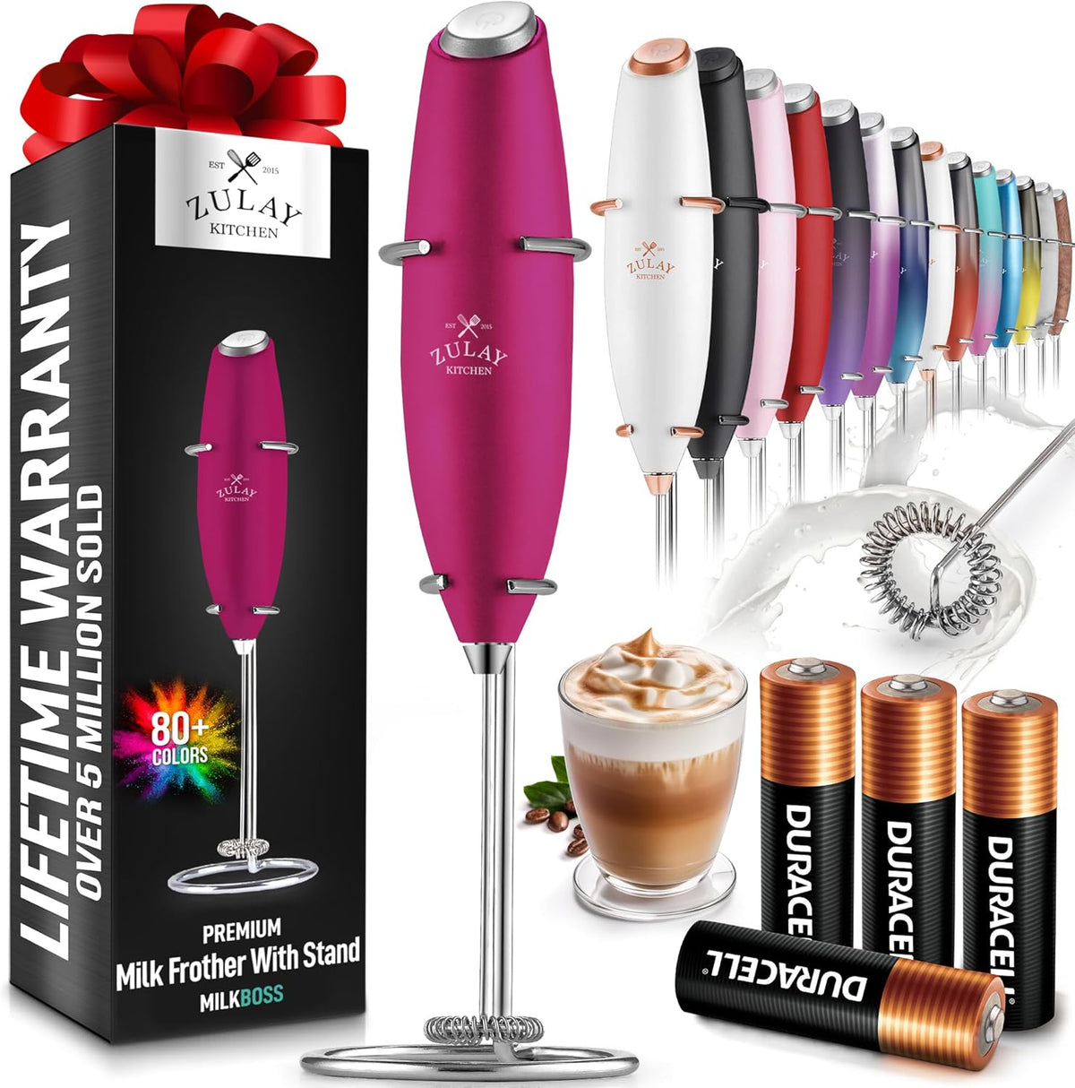 Zulay Kitchen Powerful Milk Frother Wand With 4 AA Duracell Batteries - Ultra Fast Handheld Drink Mixer - Electric Whisk Foam Maker for Coffee, Lattes, Cappuccino, Matcha & Creamer -