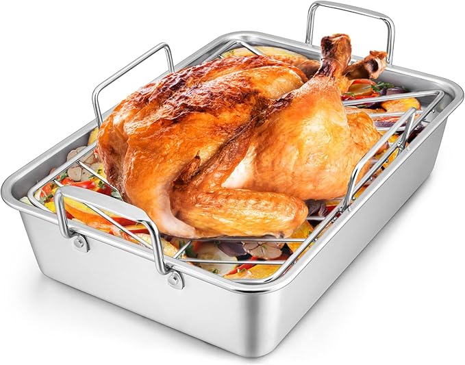 LIANYU 16 Inch Roasting Pan, Large Turkey Roaster with V-Shaped Rack and Baking Rack, Heavy Duty Stainless Steel Deep Broiling Lasagna Pan with Handle for Chicken, Dishwasher Safe