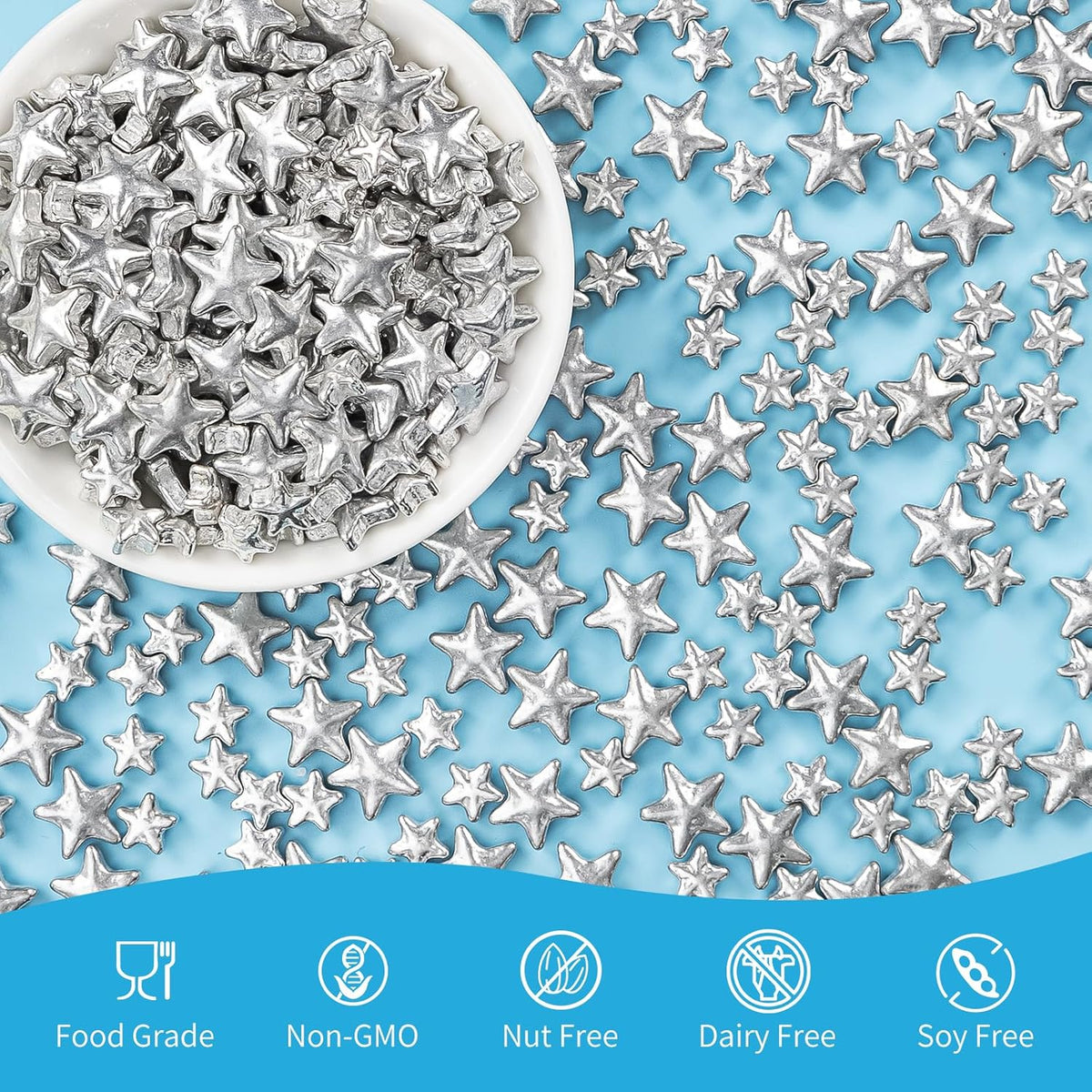 Edible Silver Star Sugar Sprinkles, Mix Size, Candy Star Sprinkle for Cake Decorations and Cupcake Toppers, Ice Cream, Wedding Party Valentines Christmas Supplies 130g/4.58ounce