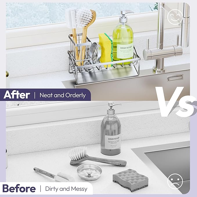 SWTYMIKI Sink Caddy Sponge Holder - Kitchen Sink Organizer with Stainless Steel Self Drain Tray & High Brush Holder for Countertop to Hold Dish Soaps and Sponges, Stainless Steel, Silver