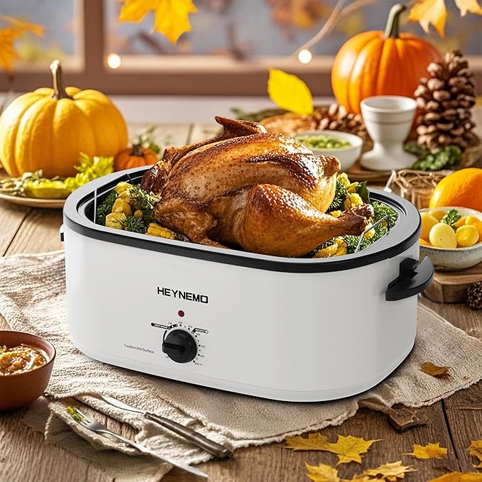 22 Quart Electric Roaster Oven with Visible & Self-Basting Lid, Large Turkey Roaster with Defrost Warm Function, Adjustable Temperature, Removable Pan Rack, Stainless Steel