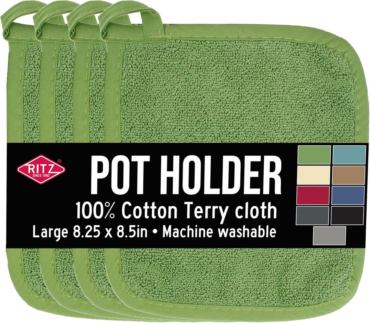 RITZ Terry Potholder & Hot Pad: Unparalleled Heat Resistant, Durable 100% Cotton – Ergonomically Designed for Optimal Grip – Easy-Care Machine Washable – 4-Pack, Cactus Green
