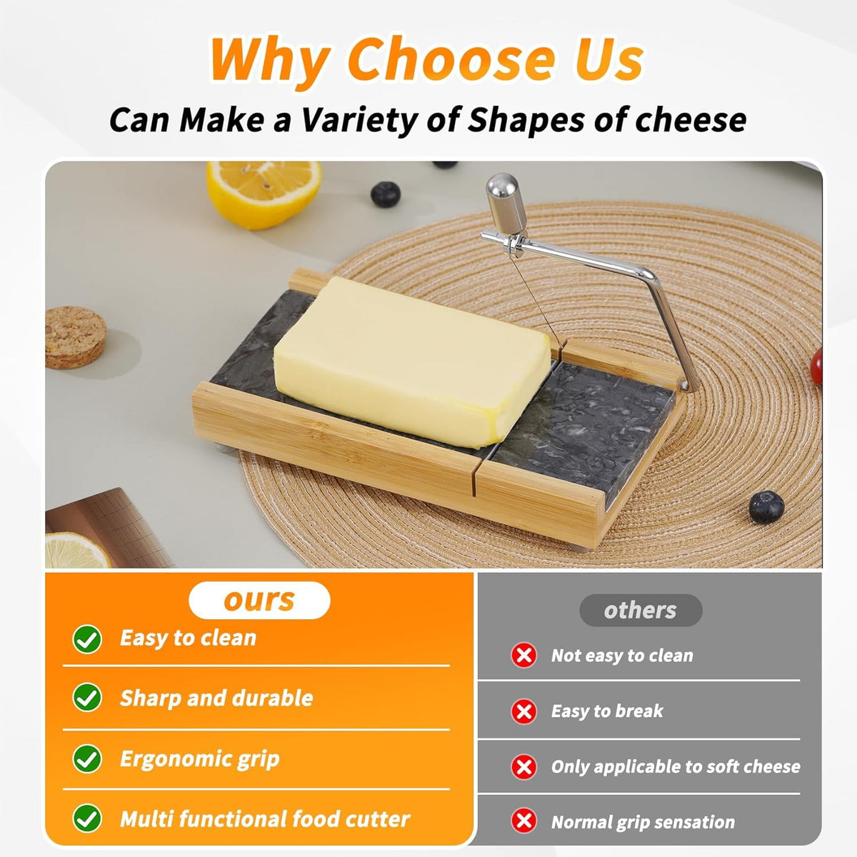 Tianman Cheese Slicer Cheese Cutter with 4 Replacement Cutting Wire,Heavy Duty 8.27"x 4.4",Marble Board Cheese Slicer for Block Cheeses, Butter,Cakes and More(Black Grey)