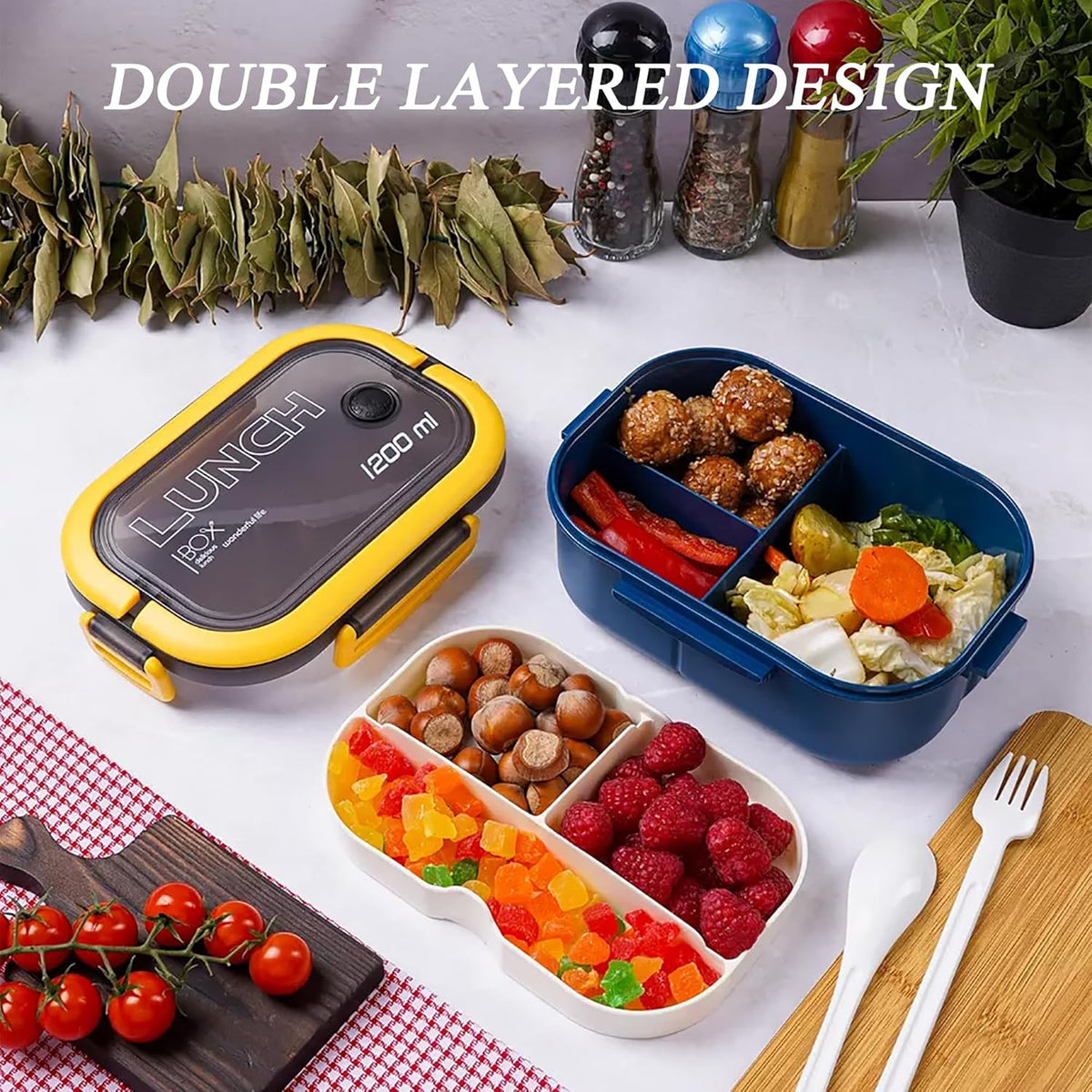Bento Box Adult, Lunch Box for Men and Women, 1200ML Leak-proof Double-layered with Handle Lunchbox, Reusable BPA-Free Lunch Container, Microwave/Dishwasher Safe, Snack Box with Cutlery Set, Blue