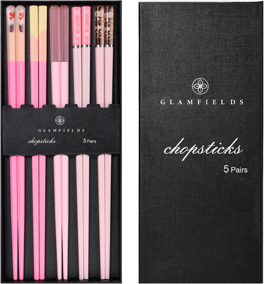 Chopsticks Reusable Dishwasher Safe, GLAMFIELDS 5 Pairs 9.5 Inches Premium Chop Sticks Set for Sushi, Ramen, Asian Cuisine, Matte Non-slip with Gift Case, Pink