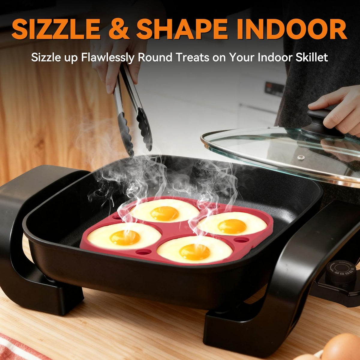 Baker's Friend 4-Round Silicone Egg Rings for Frying Eggs & Pancake, Pancake Shaper, Non-Stick & Heat-Resistant, Red