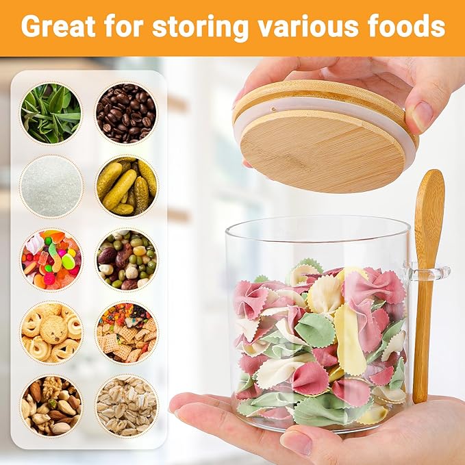 Glass Jars with Bamboo Lids Set of 4, 20 Fl.oz Round Glass Mason Jar with Airtight Lid and Spoon, Stackable Pantry Canister for Coffee, Sugar, Spice, Oats, Candy, Clear Loose Tea Containers