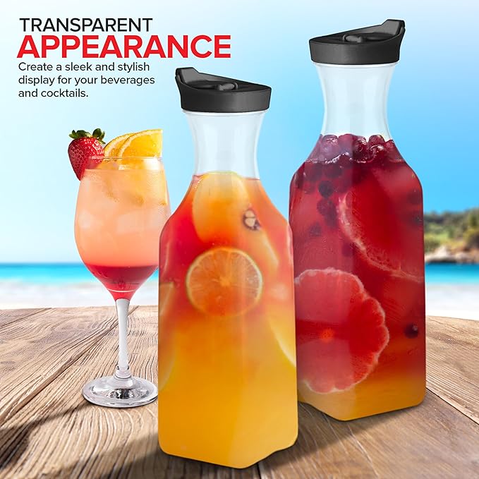 50oz Plastic Juice Carafe with Black Lids (4 Pack) 50 oz Carafes for Mimosa Bar, Drink Pitcher with Lid, Milk Container, Clear Beverage Containers for Fridge, Pantry Storage, Square Pitchers