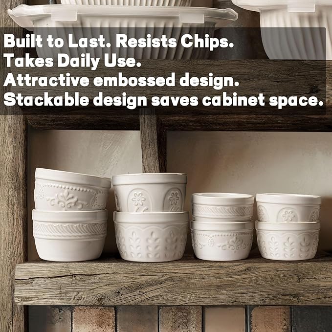 Artena Ramekins Oven Safe, Creme Brulee Ramekins, Embossed White Ceramic Ramiken, Souffle Pudding Custard Cups, Baking Dish, Dipping Bowls, Sauce Cups, Set Of 4 (Damask Floral, 8 oz)
