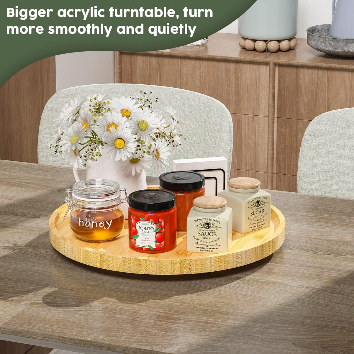 Lazy Susan Organizer, 13.2 Inch Non-Skid Bamboo Lazy Susan for Kitchen Table cabinets Closets and Kitchen Islands, Wood Turntable for Kitchen Countertop Organizer
