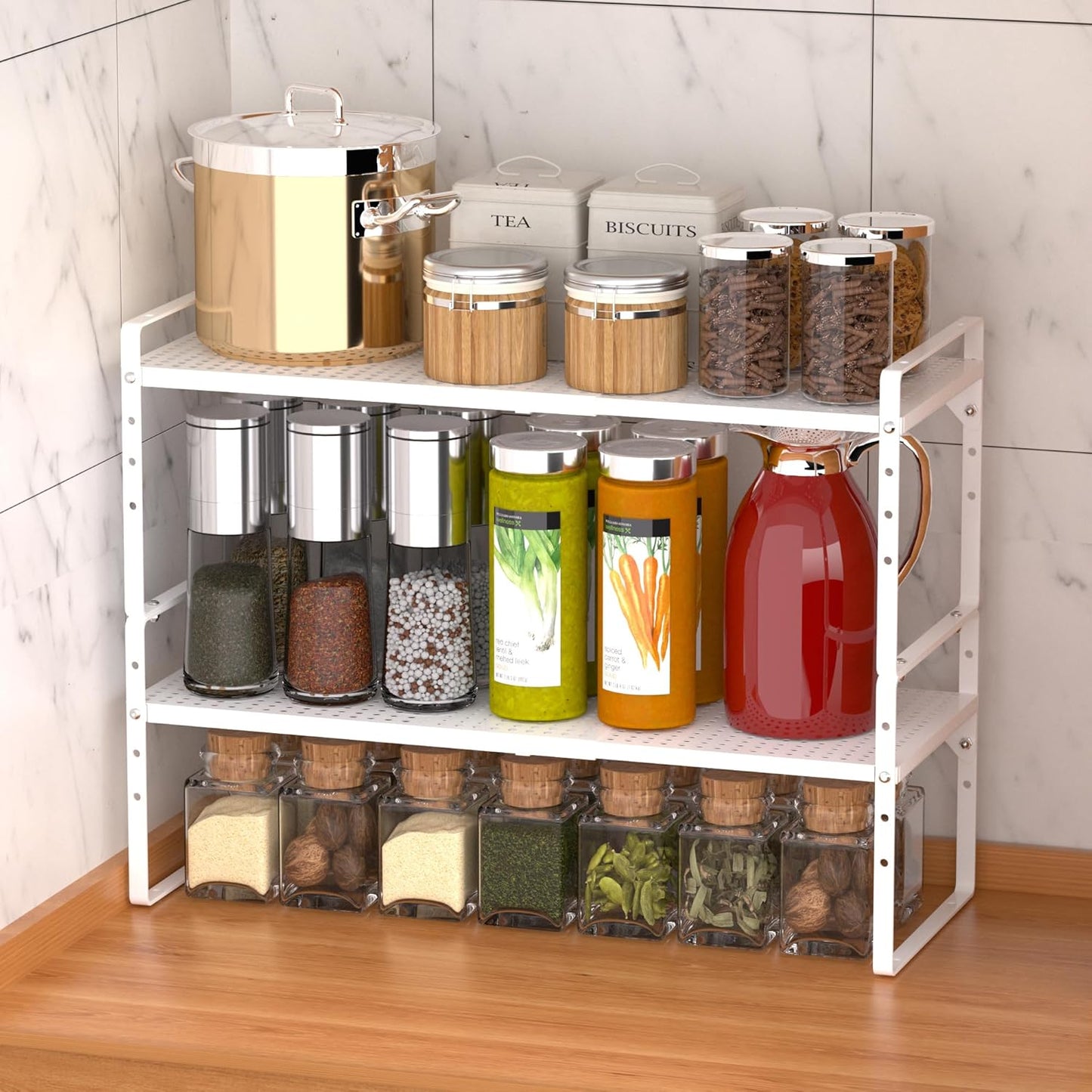 iPEGTOP 2 Pack Large Expandable Cabinet Storage Shelf, Heavy Duty Stackable Steel Metal Spice Rack Adjustable Height Home Office Pantry Garage Shelves for Counter Kitchen Organization, White