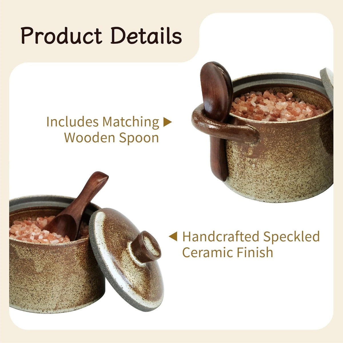 Handcrafted Speckled Ceramic Salt Cellar with Wooden Spoon, Rustic Vintage Spice Jar, Dishwasher Safe, 8.45 fl oz (Peckled Ceramic)
