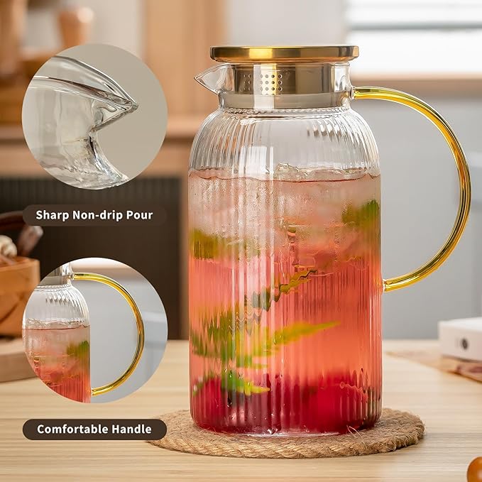 Buaic 2 PACK Glass Pitcher with Lid, 84oz/2.5L Liter Classic Vertical Stripes Water Pitcher,Glass Water Carafe for Cold Brew, Coffee, Lemonade, Iced Tea,Sun Tea, Beverage, Heat Resistant