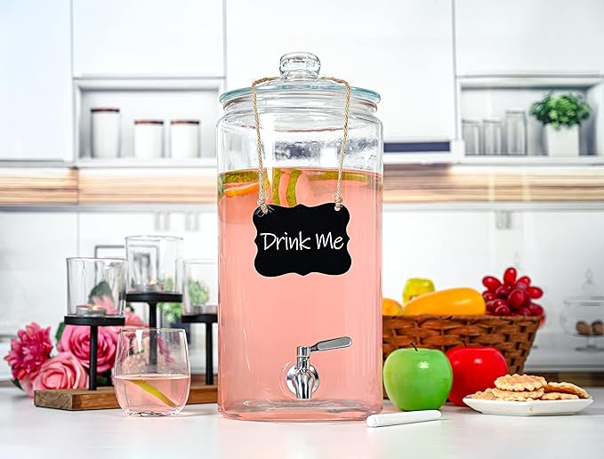 2 Gallon Beverage Dispenser with Stainless Steel Spigot + Marker & Chalkboard 100% Leakproof Glass Drink Dispenser for Parties with Spout, Airtight Beverage Serveware for Water Juice Laundry