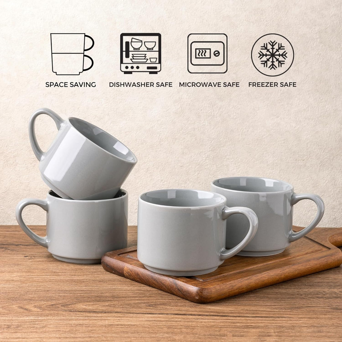 GBHOME 14OZ Stackable Ceramic Mugs Set of 6, Modern Coffee Mugs for Hot Drinks, Grey, 14 Fluid Ounces, 6 Count