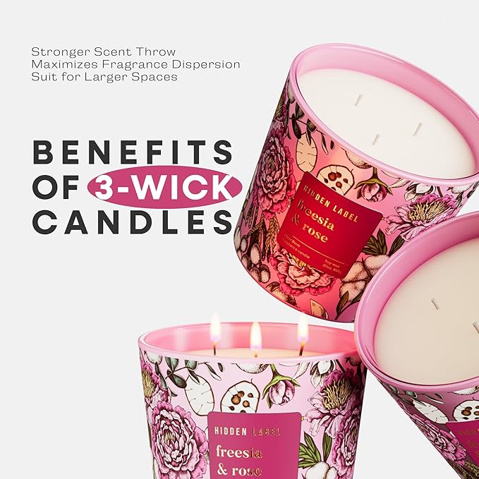 Freesia Rose Scented Candle, 30oz 3-Wick Natural Soy Wax, Up to 100 Hours Long-Lasting Clean Burn, Non Toxic Large Jar Aromatherapy Candle, Freesia Rose, Gifts for Women