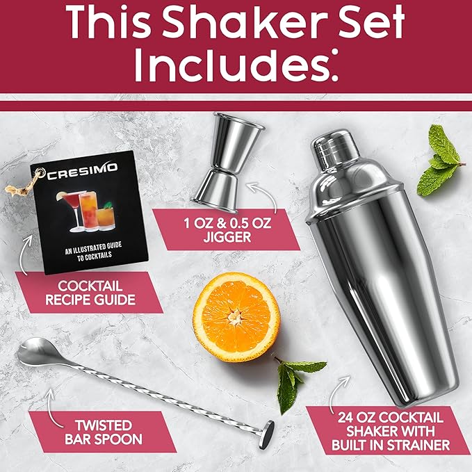 Cresimo 24oz Cocktail Shaker Set with Bar Accessories for Home Bar - Martini Shaker with Jigger and Drink Mixer Spoon - Alcohol Bartender Gift - Bartending Kit Essential for Home