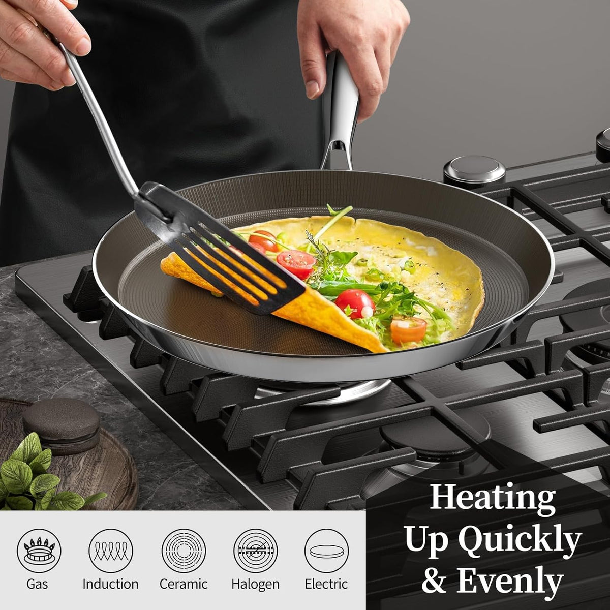 11 Inch Stainless Steel Crepe Pan - Titanium Ceramic Nonstick Crepe Pan, Stainless Steel Pancake Pan, Non Stick Flat Skillet Tawa Dosa Tortilla Griddle Pan, Induction Compatible, PFOA&PFAS Free