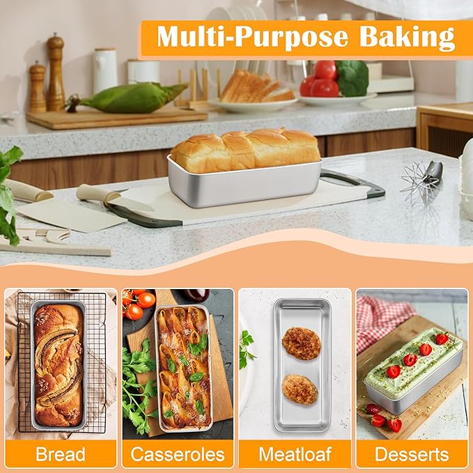 E-far Loaf Pan for Homemade Bread-2 Pack, 12” x 5” Large Stainless Steel Loaf Pans, Long Metal Bread Baking Mold for Banana Cake Meatloaf Sourdough Lasagna, Nontoxic & Dishwasher Safe