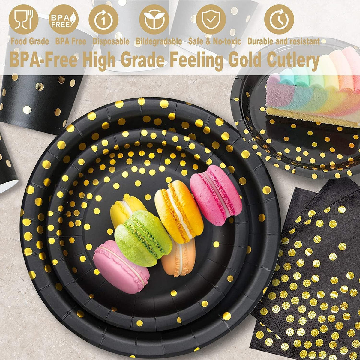 AIRE 350PCS Black Gold Paper Plates Party Supplies Dinnerware Sets for 50 Guests, Disposable Paper Party Plates, Dessert Plates, Cups, Napkins, Plastic Spoons, Forks, Knives for Wedding Birthday