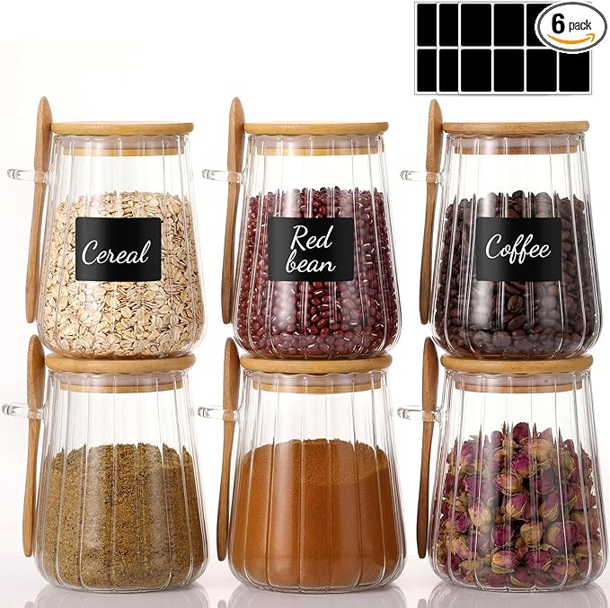 6 Pcs Glass Jar Sugar Container with Bamboo Spoons Lids 24 oz Large Sugar Container Glass Coffee Bowls Canister Coffee Bar Accessories with Labels Preprinted for Salts Tea Spice