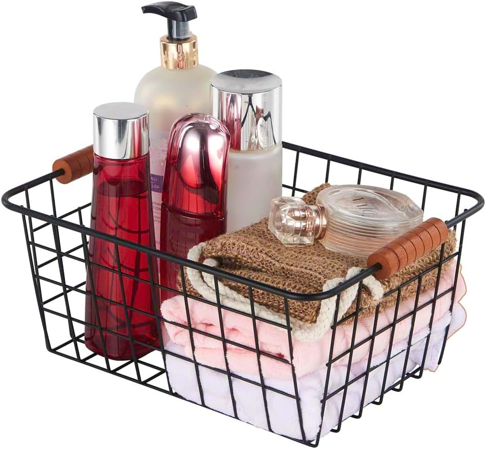 Wire Kitchen Storage Basket 2 Packs,Perfect Pantry Organization Accessories Baskets,Laundry Basket,With a Wooden handle,Suitable for Kitchen,Bathroom,Bedroom,Tabletop,Stackable,Black