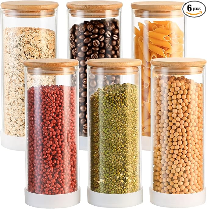 TBWIND 34oz Round Glass Storage Containers with Bamboo Lids – 6 Pack Medium Clear Food Airtight Glass Jars for Pantry Organizers and Storage, Kitchen Dry Food, Flour, Cereal, Coffee Beans & Staples