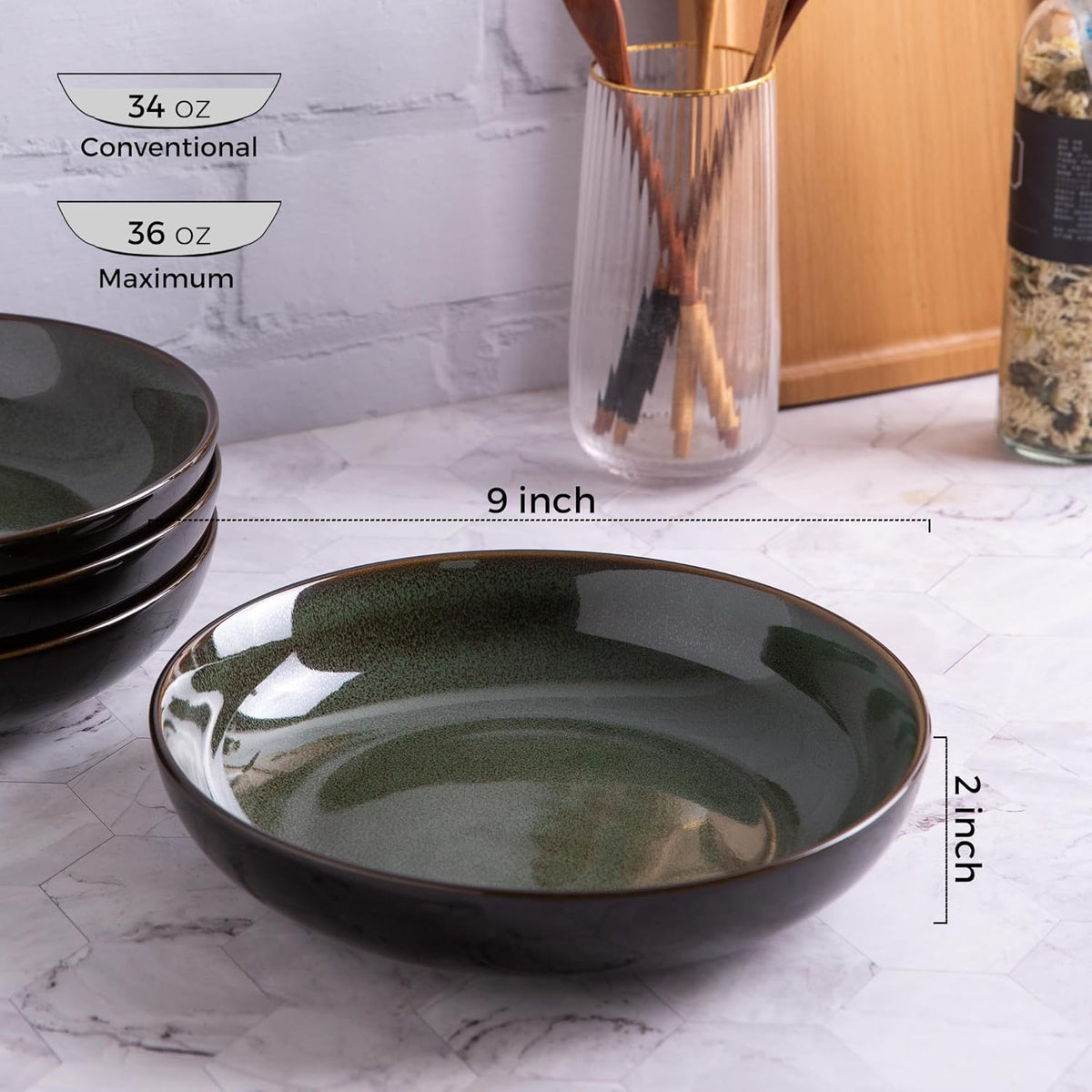 LERATIO Large Pasta Bowls,38oz Ceramic Pasta Bowls,9.0" Reactive Glaze Pasta Bowl Set of 4,Microwave & Dishwasher,Oven Safe,Wide Serving Bowls for Salad,Pasta,Fruit,Scratch Resistant-Green