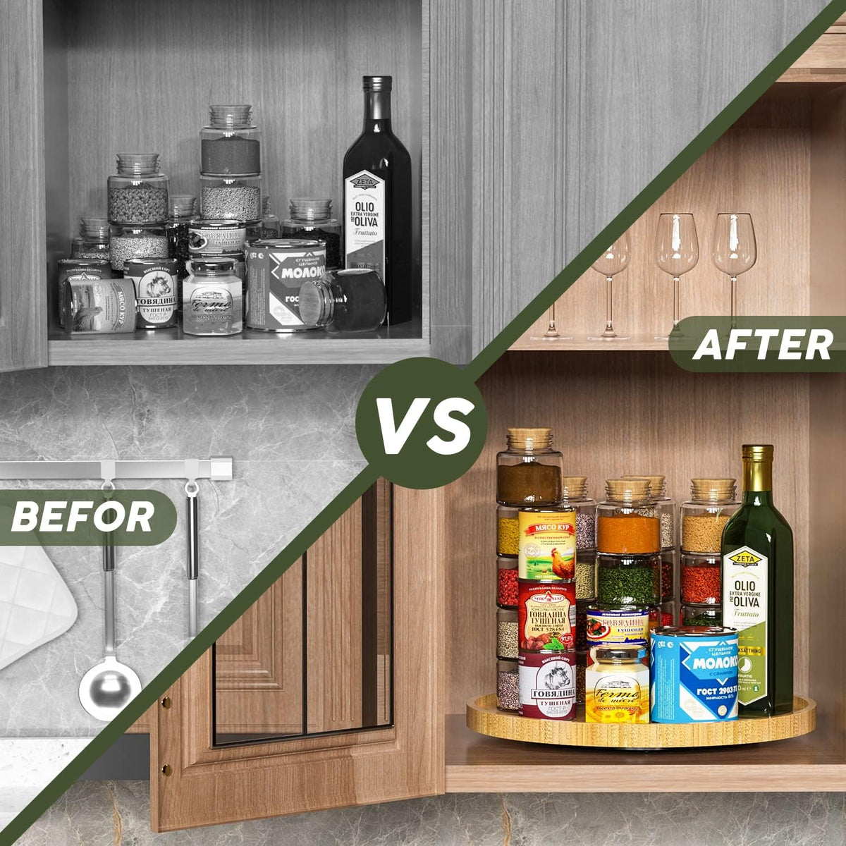 Lazy Susan Organizer, 13.2 Inch Non-Skid Bamboo Lazy Susan for Kitchen Table cabinets Closets and Kitchen Islands, Wood Turntable for Kitchen Countertop Organizer