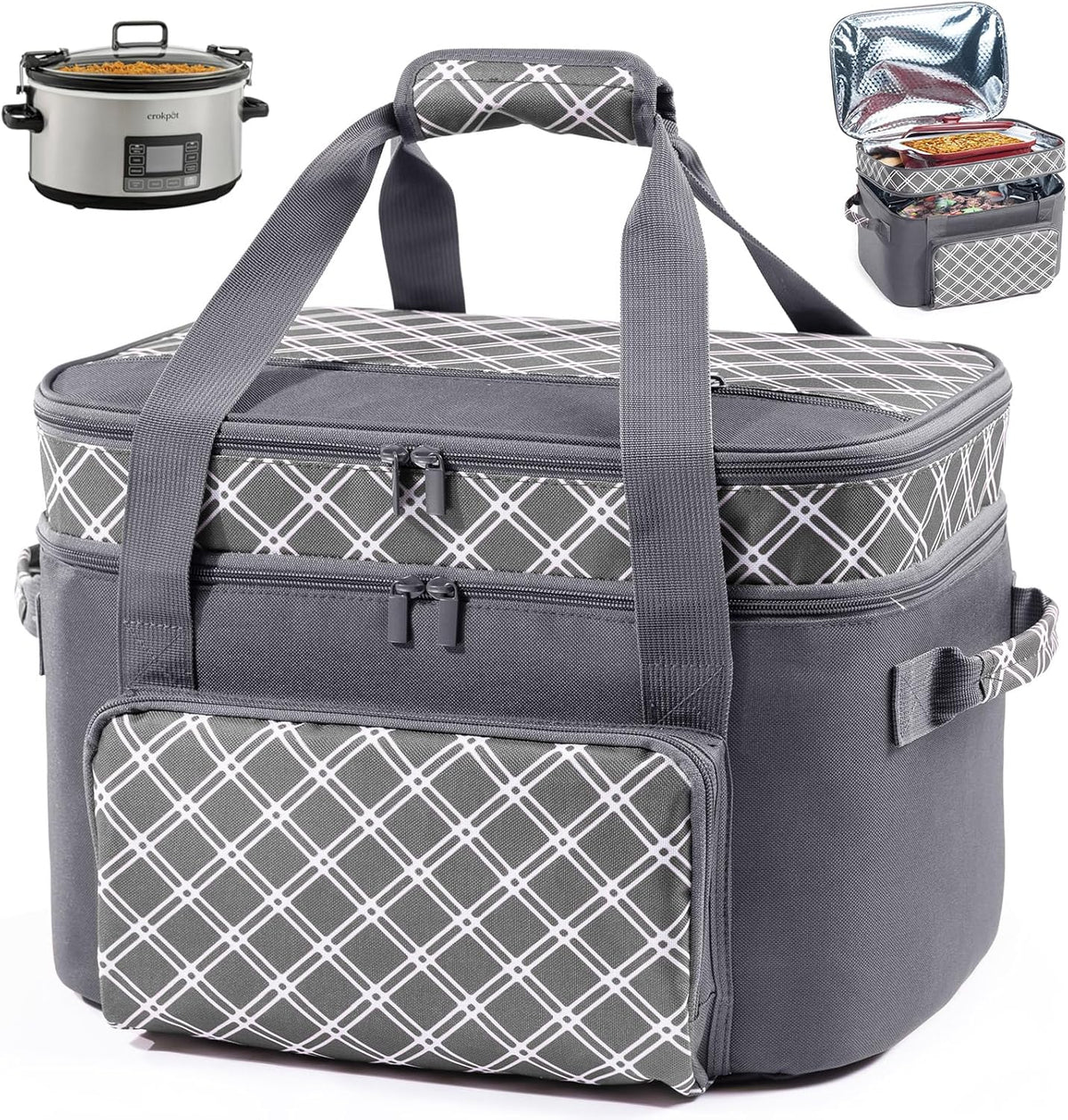 Double Layer Slow Cooker Carrier Bag – Fits 6–8 Qt Oval Slow Cooker Compatible with CrockPot & Hamilton Beach | Insulated Travel Tote with Utensil Storage & Adjustable Straps