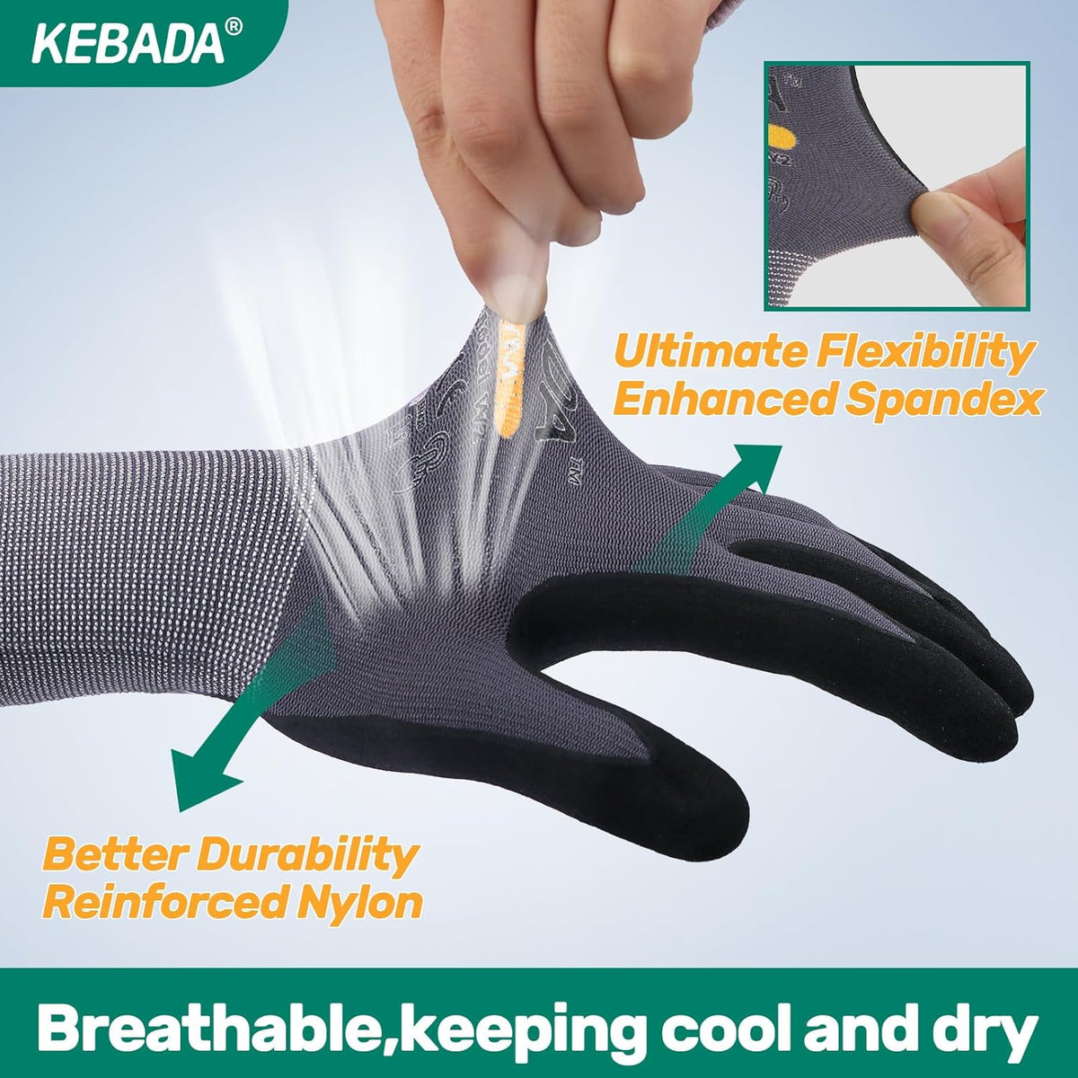 Kebada W2 Safety Work Gloves, Micro-Foam Nitrile Coated Gloves, Touchscreen,Ideal for Package Handling, Gardening, Construction, 1 Pair XX-Large