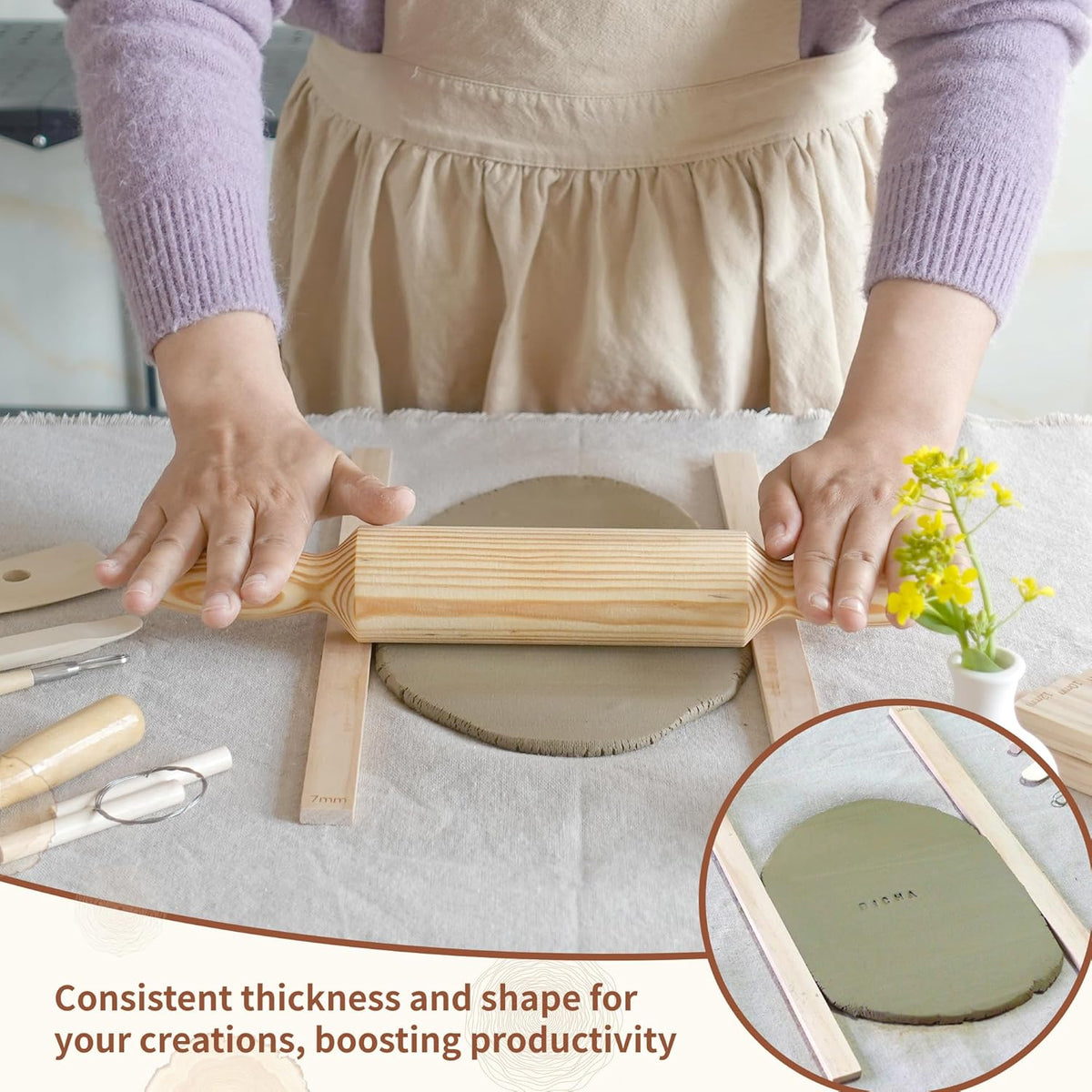 DICHA 10 Pcs Wooden Clay Rolling Guides – Pottery & Polymer Clay Thickness Guide Sticks, 5 Sizes