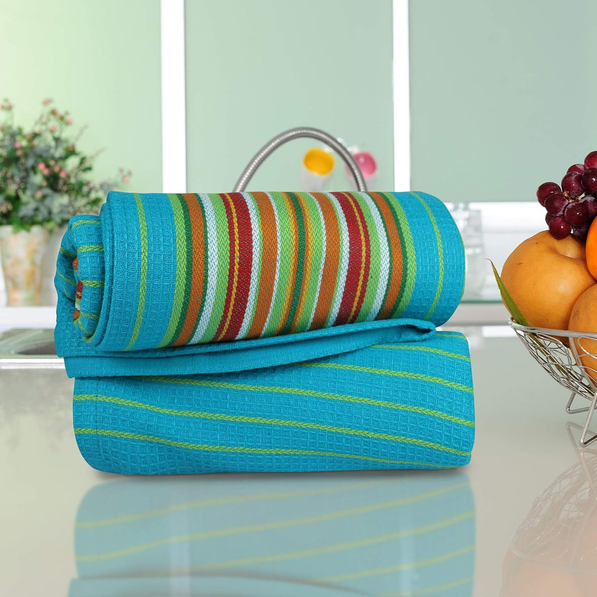 Urban Villa Kitchen Towels Waffle Stripes Dish Towels for Kitchen Azure Color Set of 6 Kitchen Towels Highly Absorbent Cotton Over Sized 20X30 in with Mitered Corners Kitchen Hand Tea Towels