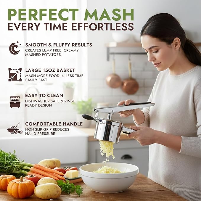 Large 15oz Potato Ricer Fixed Disc - Heavy Duty Stainless Steel Potato Masher and Ricer for Mashed Potatoes | Non Slip Baby Food Squeezer, Kitchen Gadget Tool for Food Press & Food Mill