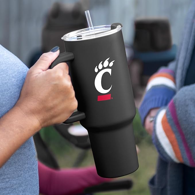 Logo Brands NCAA 40 oz Tumbler with Handle -Stainless Steel Insulated Travel Tumbler with Straw Lid – Powder Coated, Leak-Resistant, Keeps Drinks Hot/Cold – Great for Tailgating, or Everyday Use